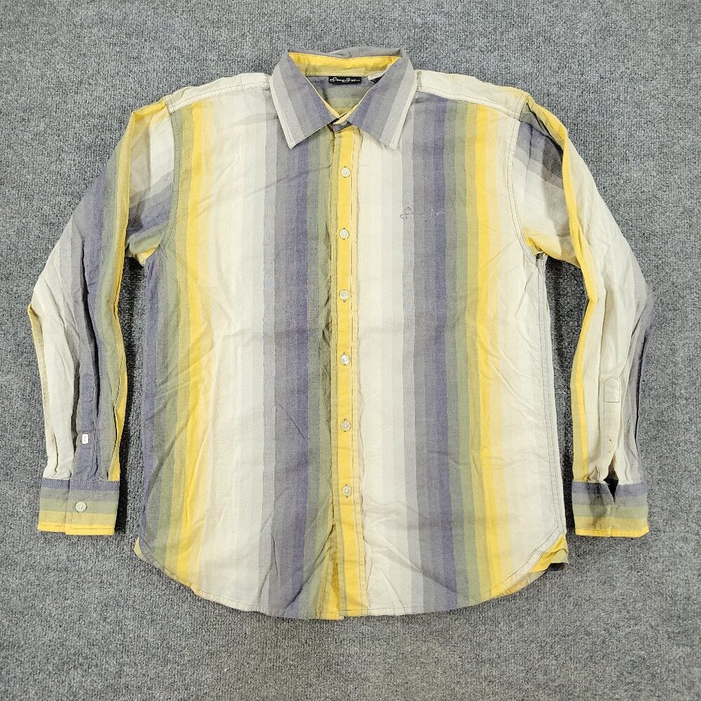 Sean John Button Shirt Men's Large Beige Gray Striped Collared Long Sleeve Adult